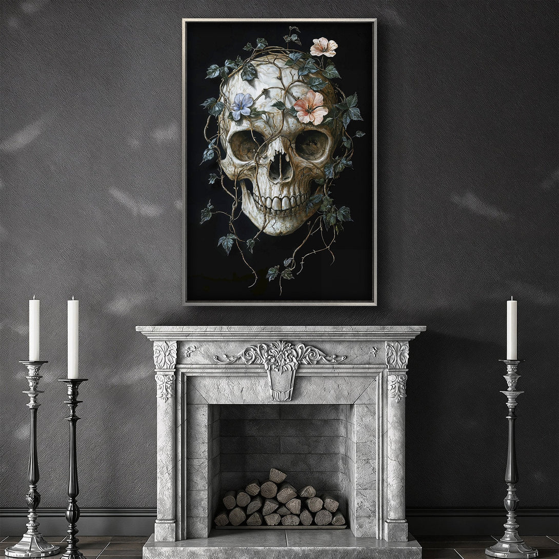 Framed Wall Art Canvas Print featuring a skull with floral vines, dark and moody aesthetic, neutral color palette. Elevate your home decor!