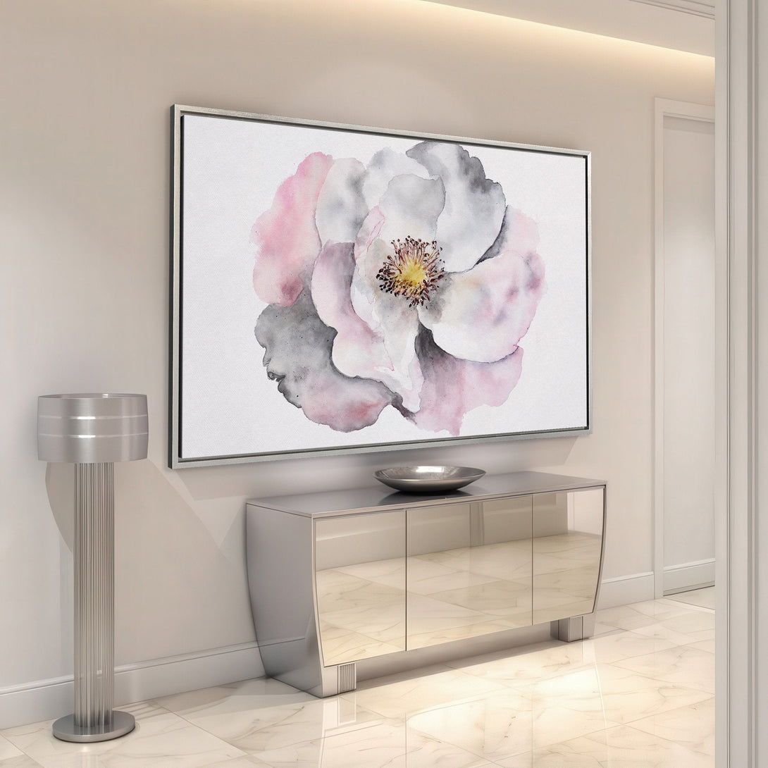 Framed Wall Art featuring a watercolor floral design in soft pink, gray, and white hues. Perfect for adding a touch of elegance to any space!