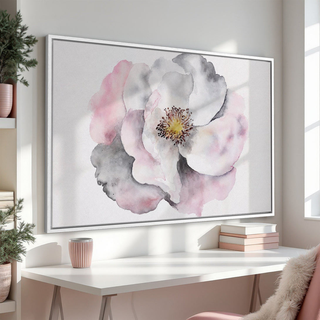 Framed Wall Art: Watercolor floral Canvas Print in soft pink, gray, and white. Perfect for adding a touch of elegance to any room.