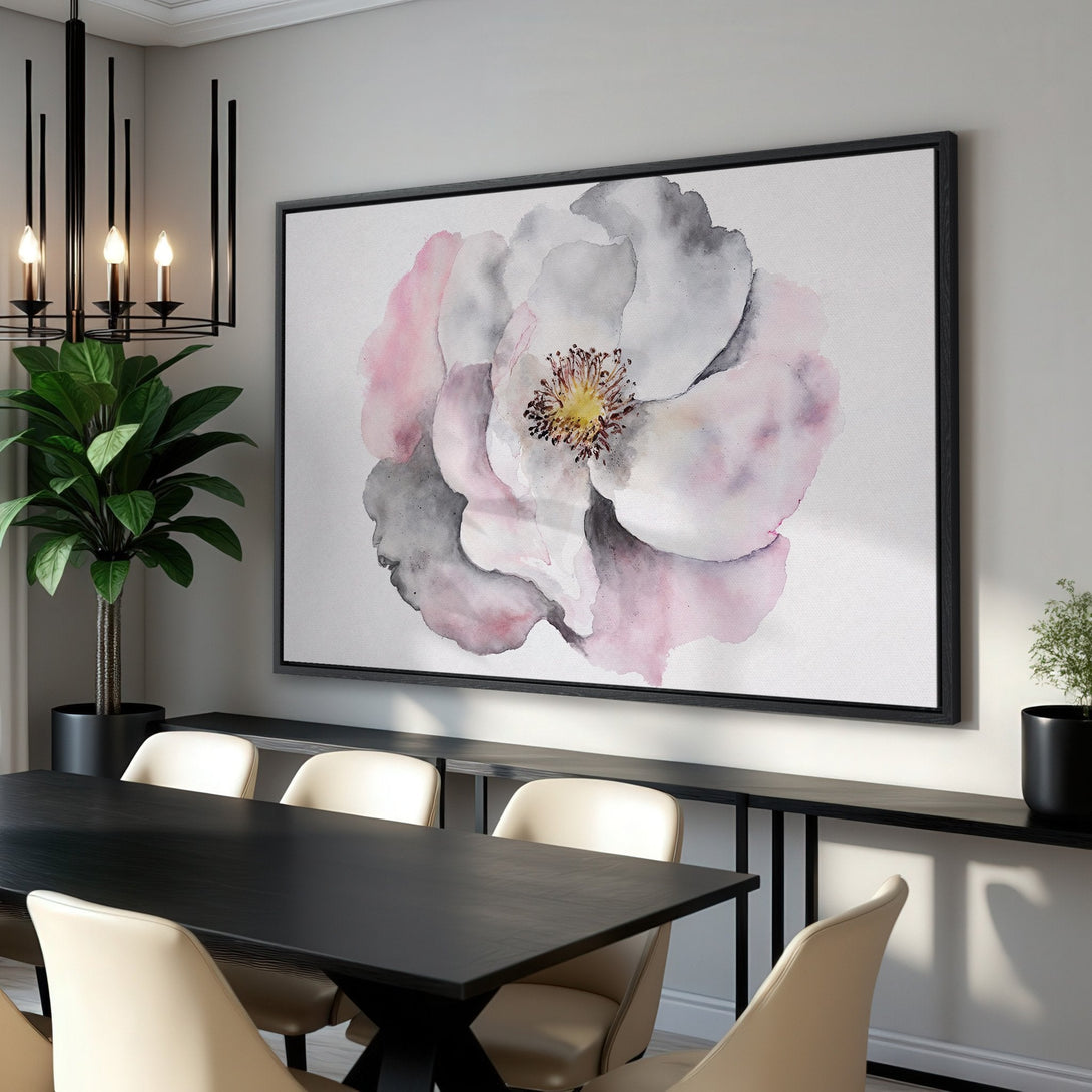 Framed Wall Art: Watercolor floral print in soft pink, gray, and white. Modern art for dining room decor. Enhance your space with this elegant canvas print.