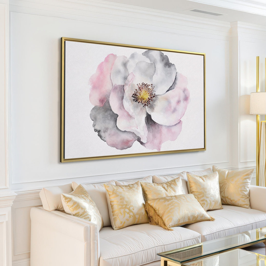 Canvas Print of a watercolor flower in a modern living room. Soft pink, gray, and white palette. Perfect for adding a touch of elegance.