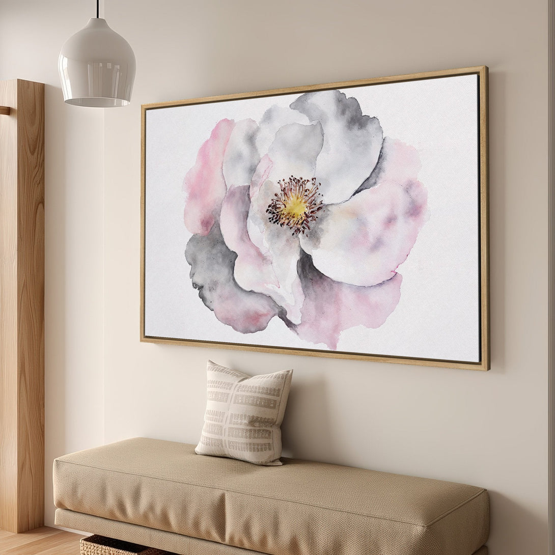 Framed Wall Art: Watercolor floral print in soft pinks, grays, and white. Modern art for living room decor.