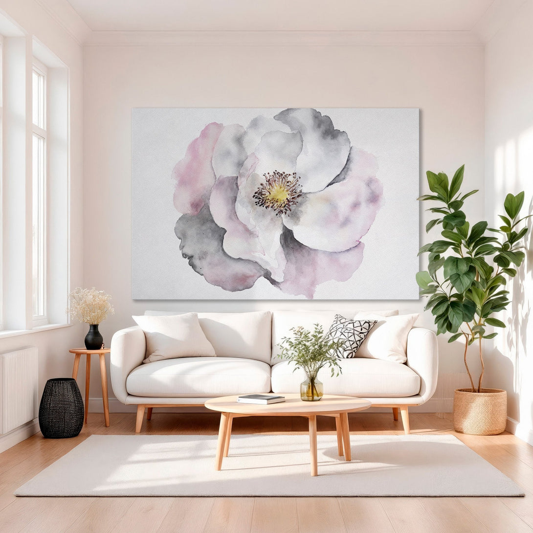 Framed Wall Art: Watercolor flower Canvas Print in a gold frame. Soft pink, gray, and white color palette. Perfect for elegant home decor.