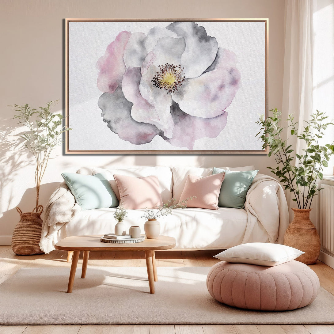 Framed Wall Art: Watercolor floral print in soft pinks, grays, and white. Perfect for adding a touch of elegance to any living room.