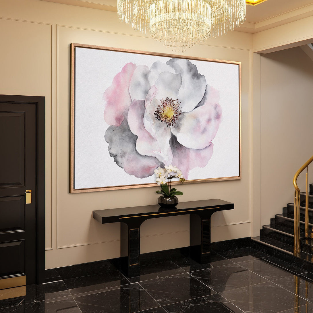 Framed Wall Art: Watercolor flower Canvas Print in pink, gray, and white, adding elegance to a modern interior. Shop floral wall art today!
