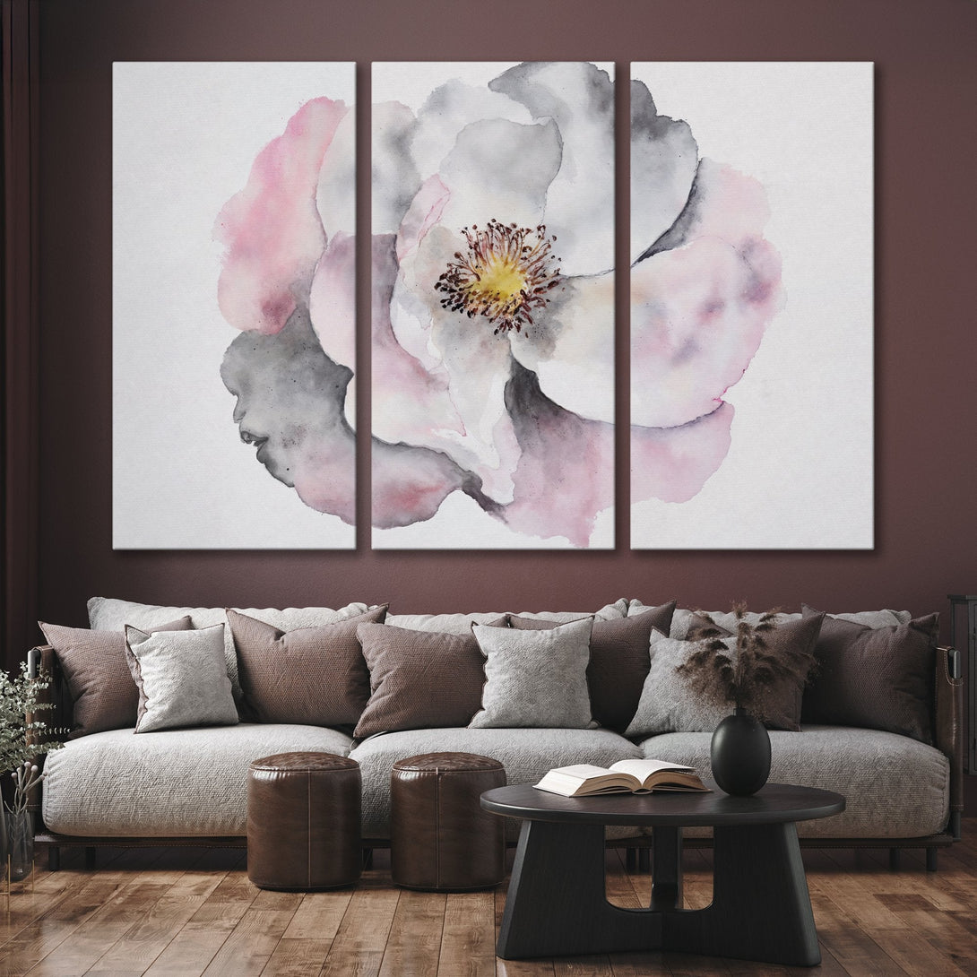 Canvas Print of a watercolor flower in pink, gray, and white. Modern wall art for your home decor.