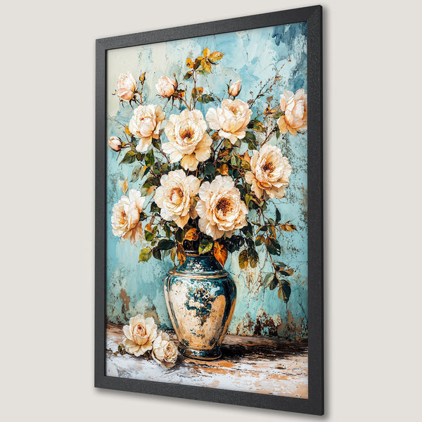 Framed Poster featuring a floral still life with roses in a vase. Impressionistic style with a blue, cream, and gold color palette.