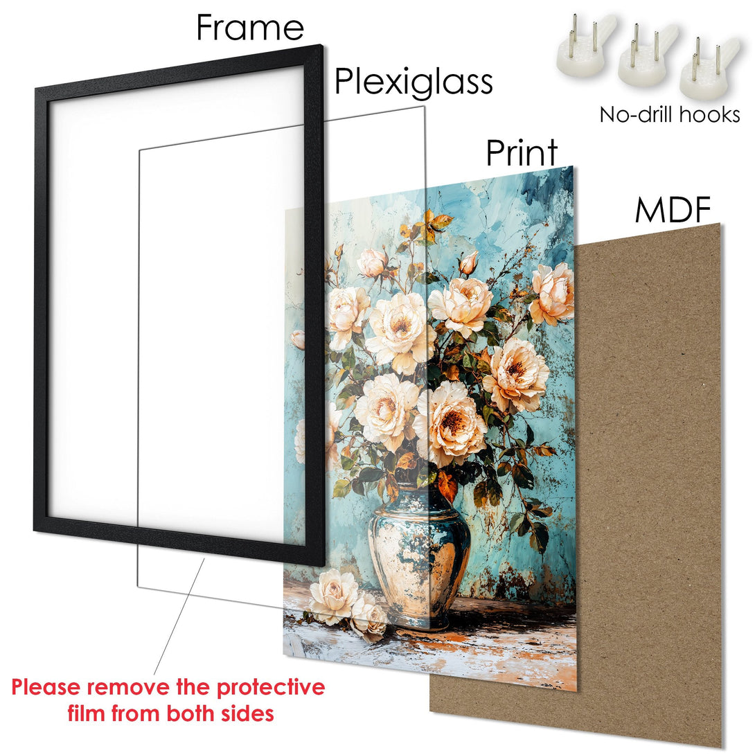 Framed Poster of floral art in a vintage style, showcasing cream roses on a blue and brown background. Perfect wall decor!