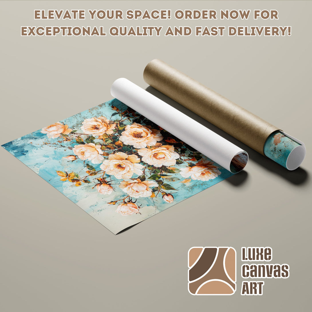Poster Roll featuring floral art in a watercolor style with a blue and peach color palette. Elevate your space with this beautiful poster!