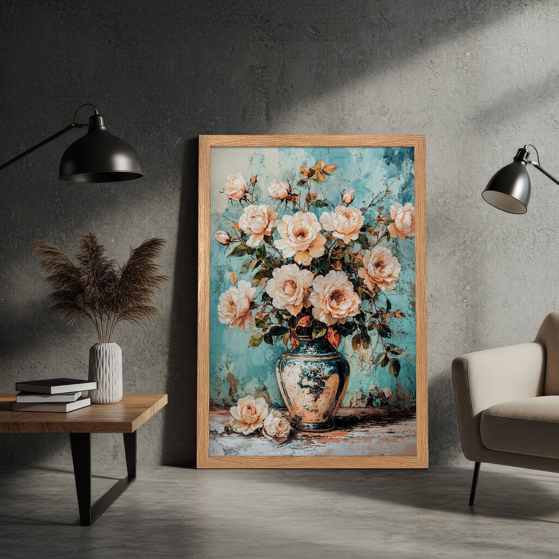 Framed Poster featuring a floral still life in a vintage style with a teal and peach color palette. Perfect wall art!