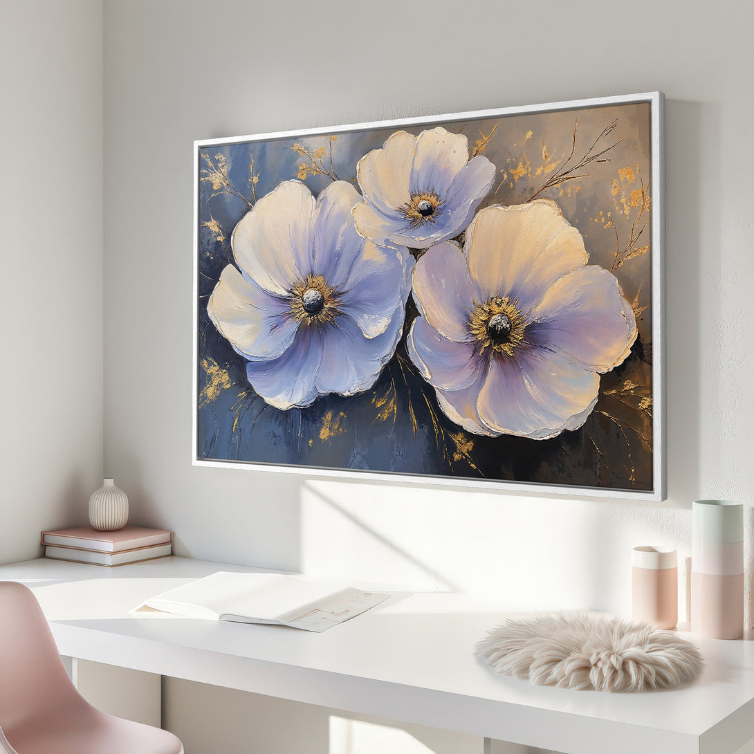 Framed Wall Art featuring elegant floral painting in a soft blue and gold color palette. Perfect for adding a touch of sophistication to your home decor.