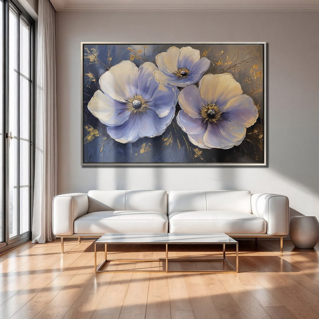 Framed Wall Art featuring elegant floral painting in a modern interior. Soft blue, gold, and white color palette. Perfect for home decor.