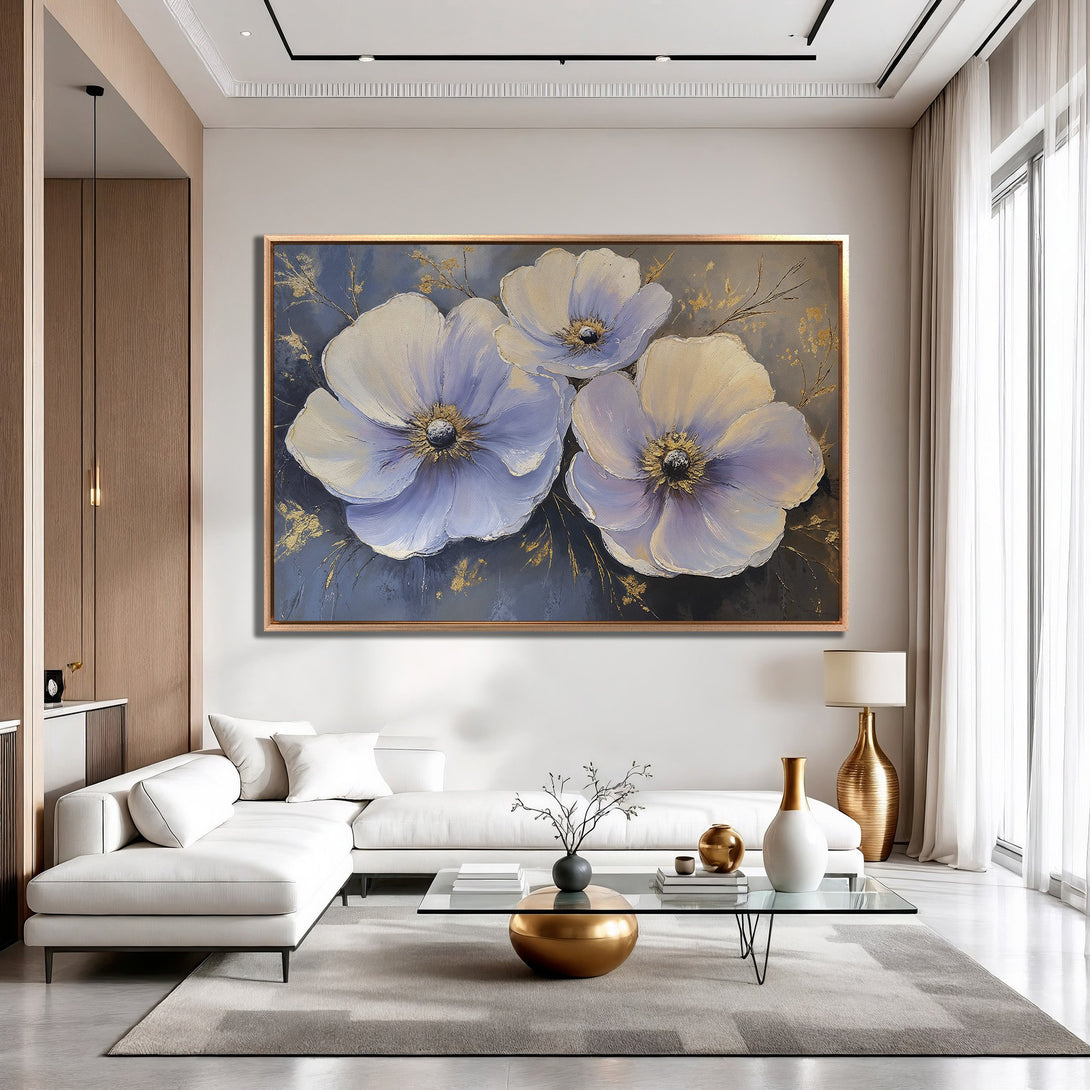 Framed Wall Art: Elegant floral painting in a modern living room. Soft blue, white, and gold color palette. Perfect for adding a touch of luxury.