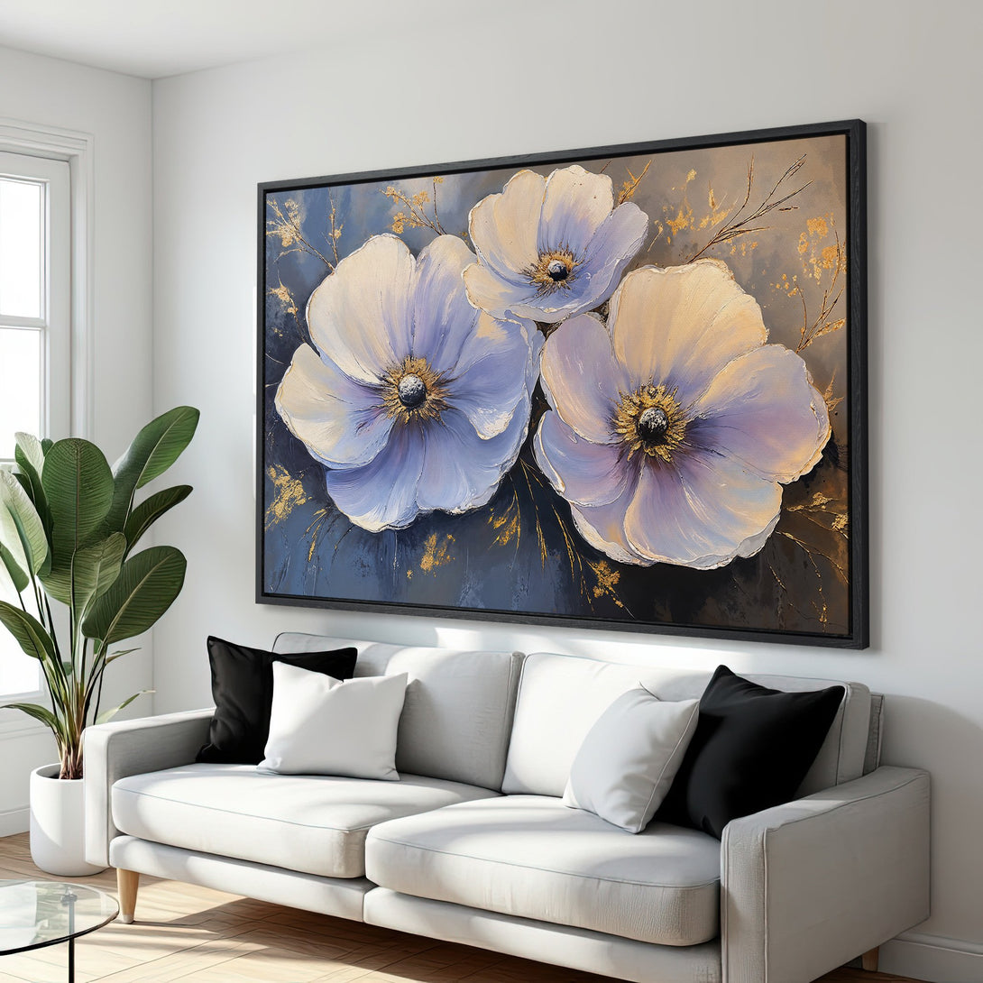 Framed Wall Art featuring elegant floral painting in a soft blue and gold palette. Modern abstract style Canvas Print for a stylish interior.