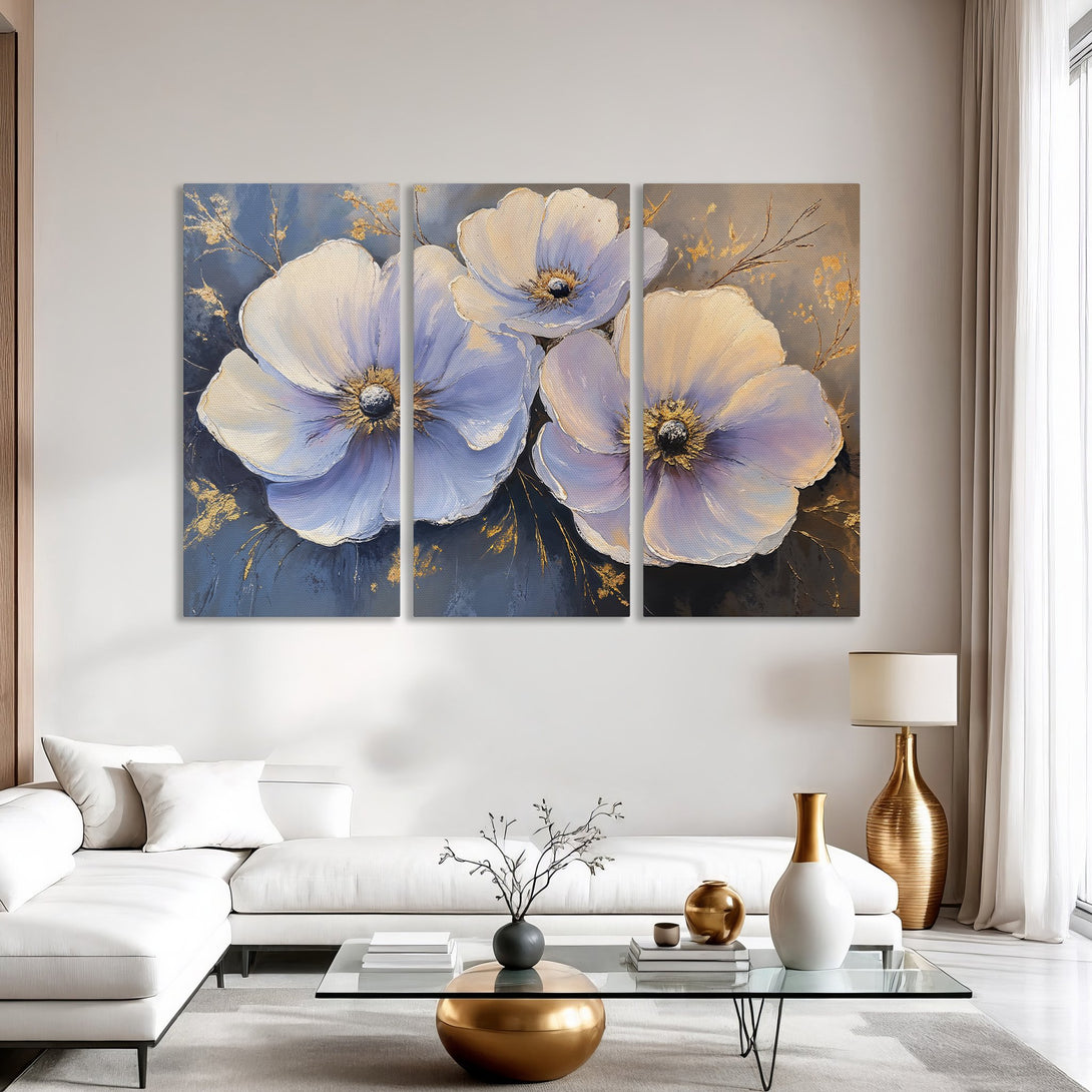 Canvas Print of elegant white and lavender floral art with gold accents. Modern style, perfect for home decor.