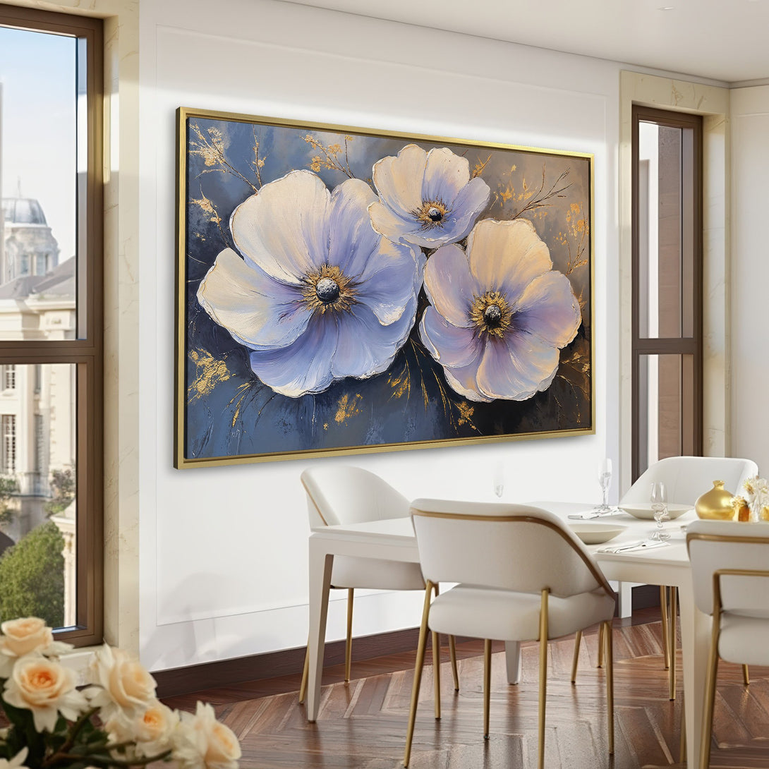 Canvas Print of elegant floral art in a sophisticated interior. Features large white and purple flowers with gold accents, against a dark background.