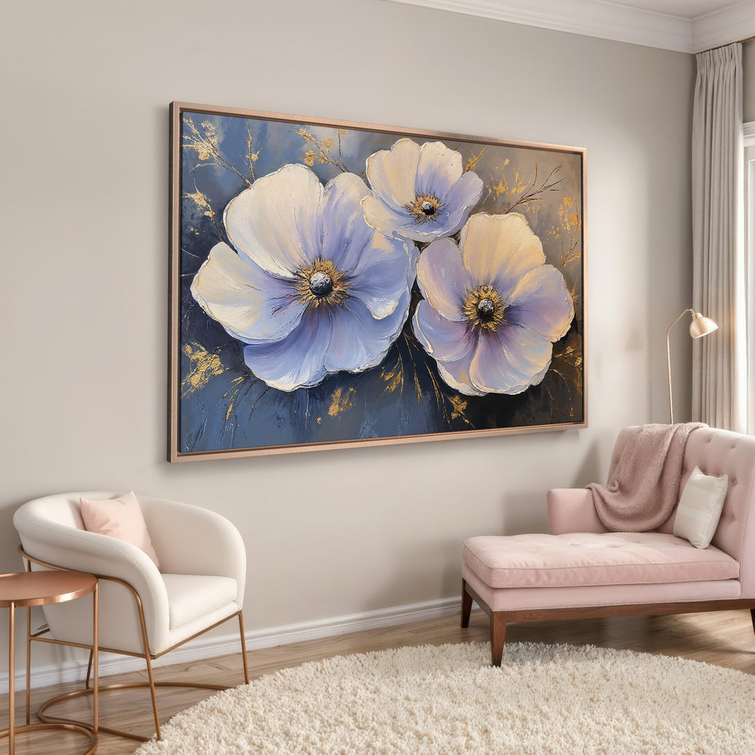 Framed Wall Art: Large floral painting in soft blue, white, and gold tones. Elegant decor for any room. Enhance your space with this beautiful canvas print.