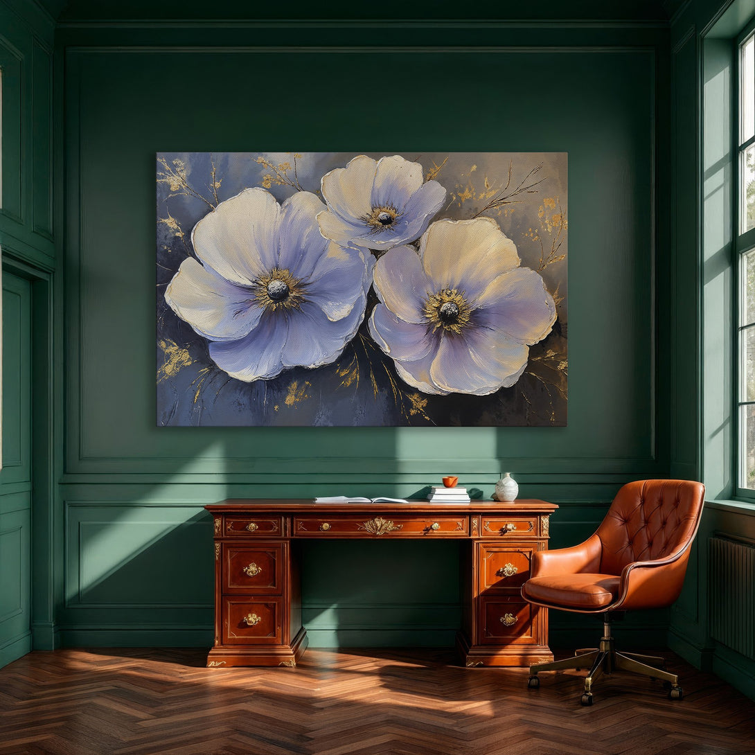 Framed Wall Art: Elegant floral Canvas Print in blue and gold, perfect for dining room decor. Modern art with a calming color palette.