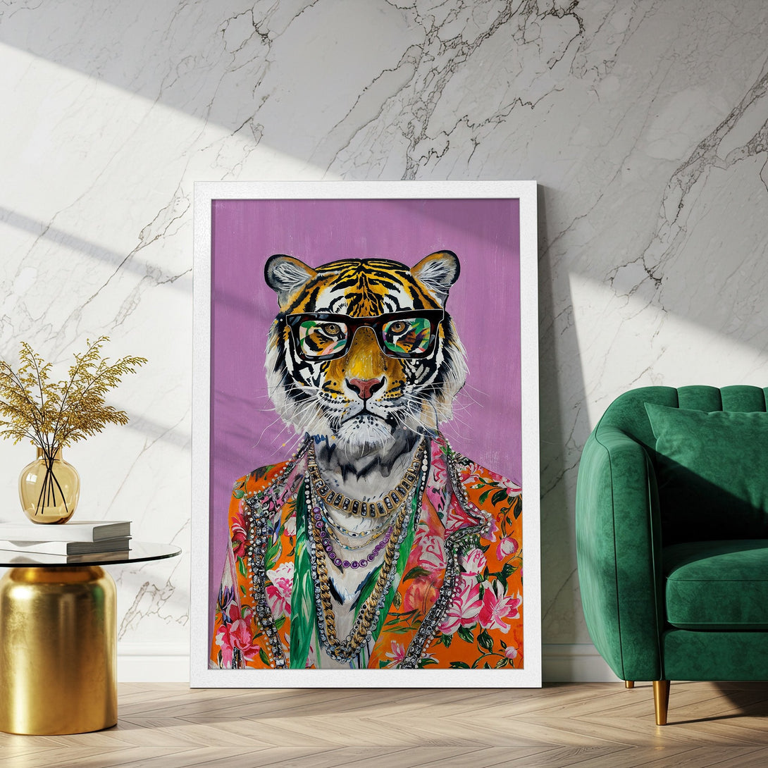 Framed Poster of a stylish tiger wearing glasses and jewelry, vibrant orange floral jacket, purple background. Modern art, colorful.