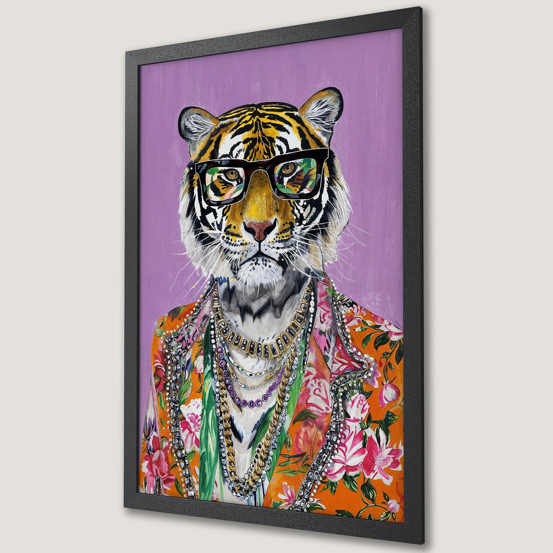 Framed Poster of a stylish tiger wearing glasses and jewelry. Pop art style with vibrant orange, purple, and floral accents.
