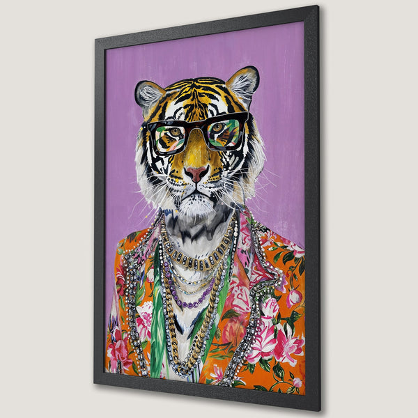 Framed Poster of a stylish tiger wearing glasses and jewelry. Pop art style with vibrant orange, purple, and floral accents.