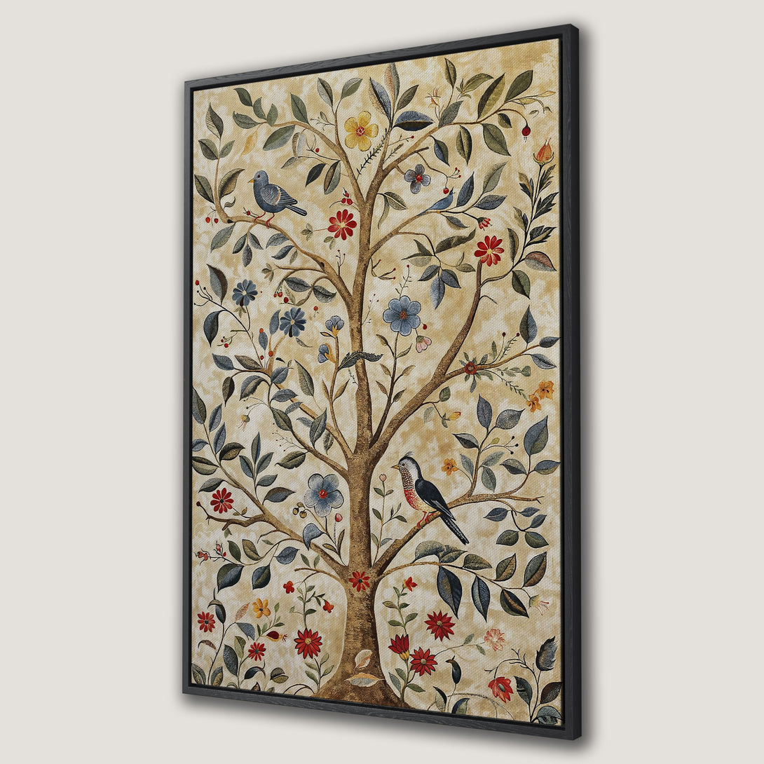 Framed Wall Art: Vintage tree with birds and flowers in warm tones. Perfect for adding a touch of nature-inspired elegance to your home decor.