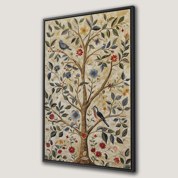 Framed Wall Art: Vintage tree with birds and flowers in warm tones. Perfect for adding a touch of nature-inspired elegance to your home decor.