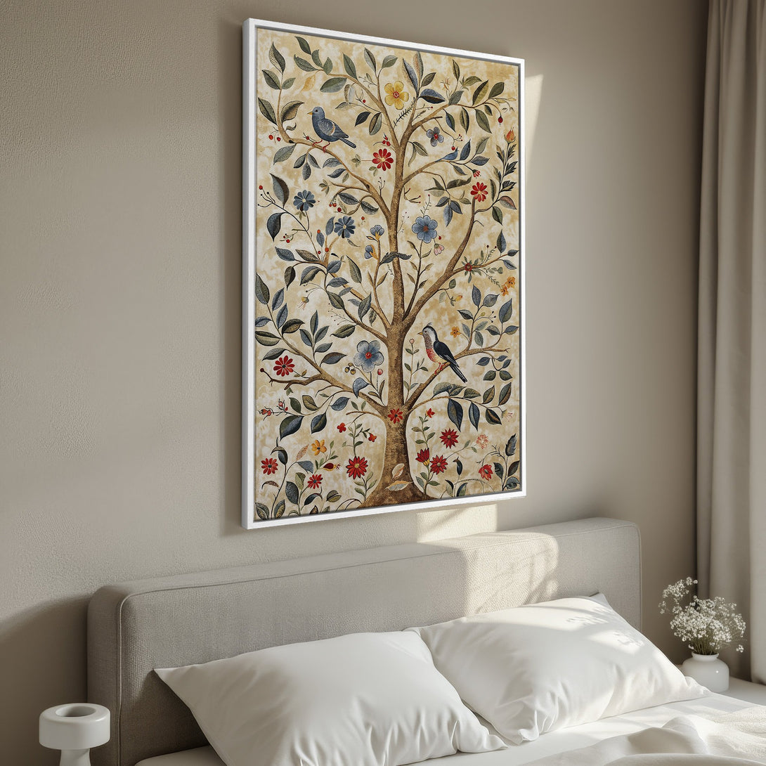 Framed Wall Art: Vintage-style botanical print featuring a tree with birds, flowers, and leaves in a warm, neutral color palette. Perfect for bedroom decor!