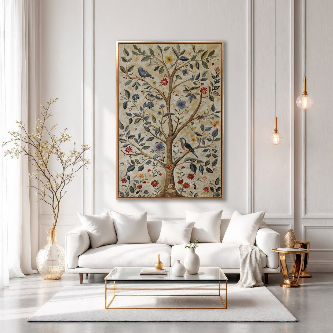 Framed Wall Art: Botanical tree design in a neutral palette, adding elegance to a modern living room. Shop our Canvas Print collection today!