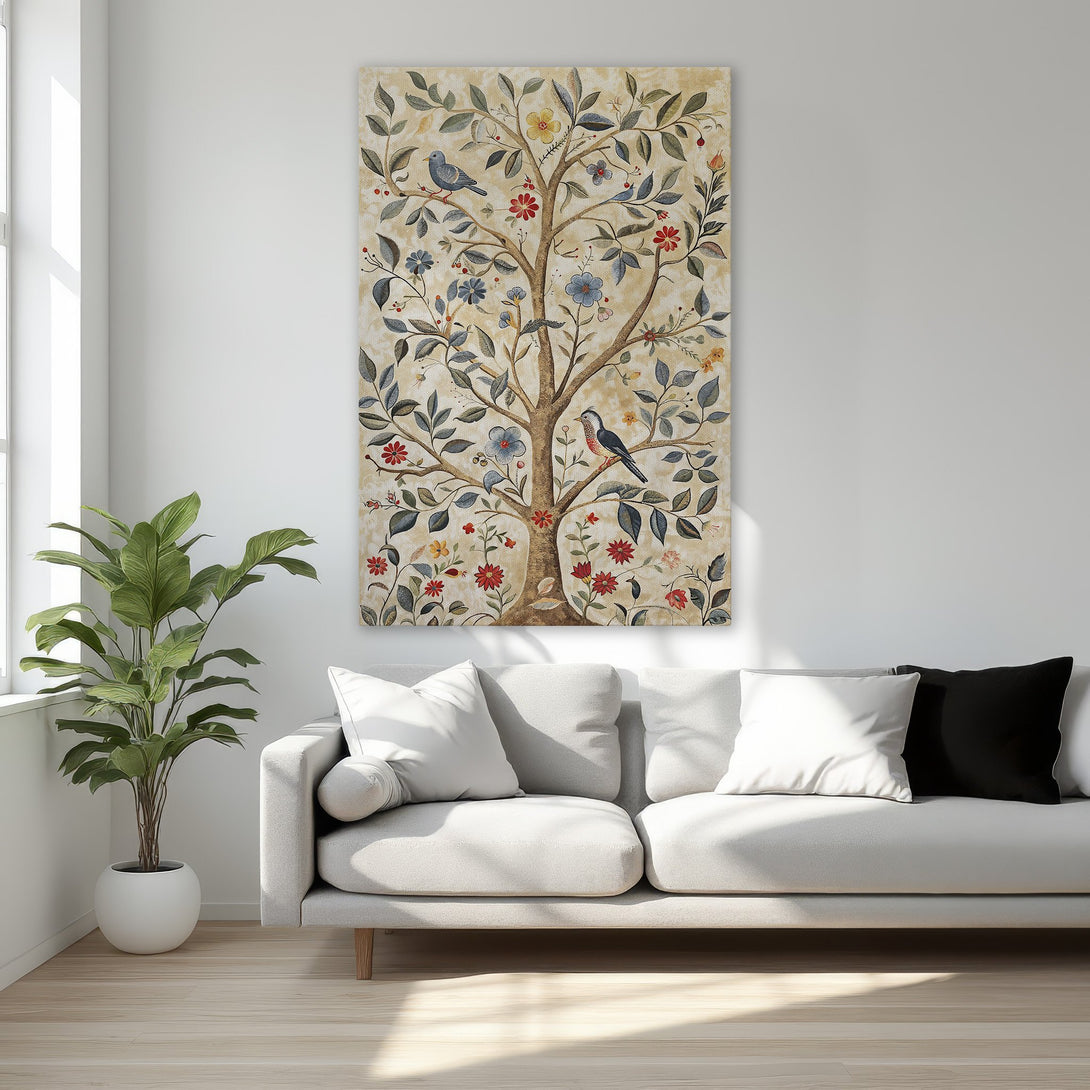 Framed Wall Art: Botanical tree print with birds, showcasing a vintage style. Earthy tones with pops of red, blue, and yellow. Perfect for bedroom decor.