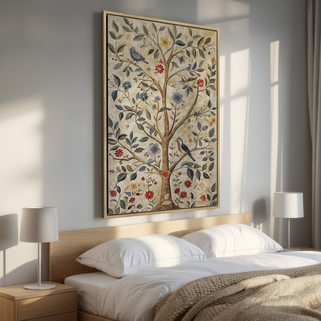 Framed Wall Art featuring a tree with birds, in a botanical style. Earthy tones with pops of red and blue, perfect bedroom decor.
