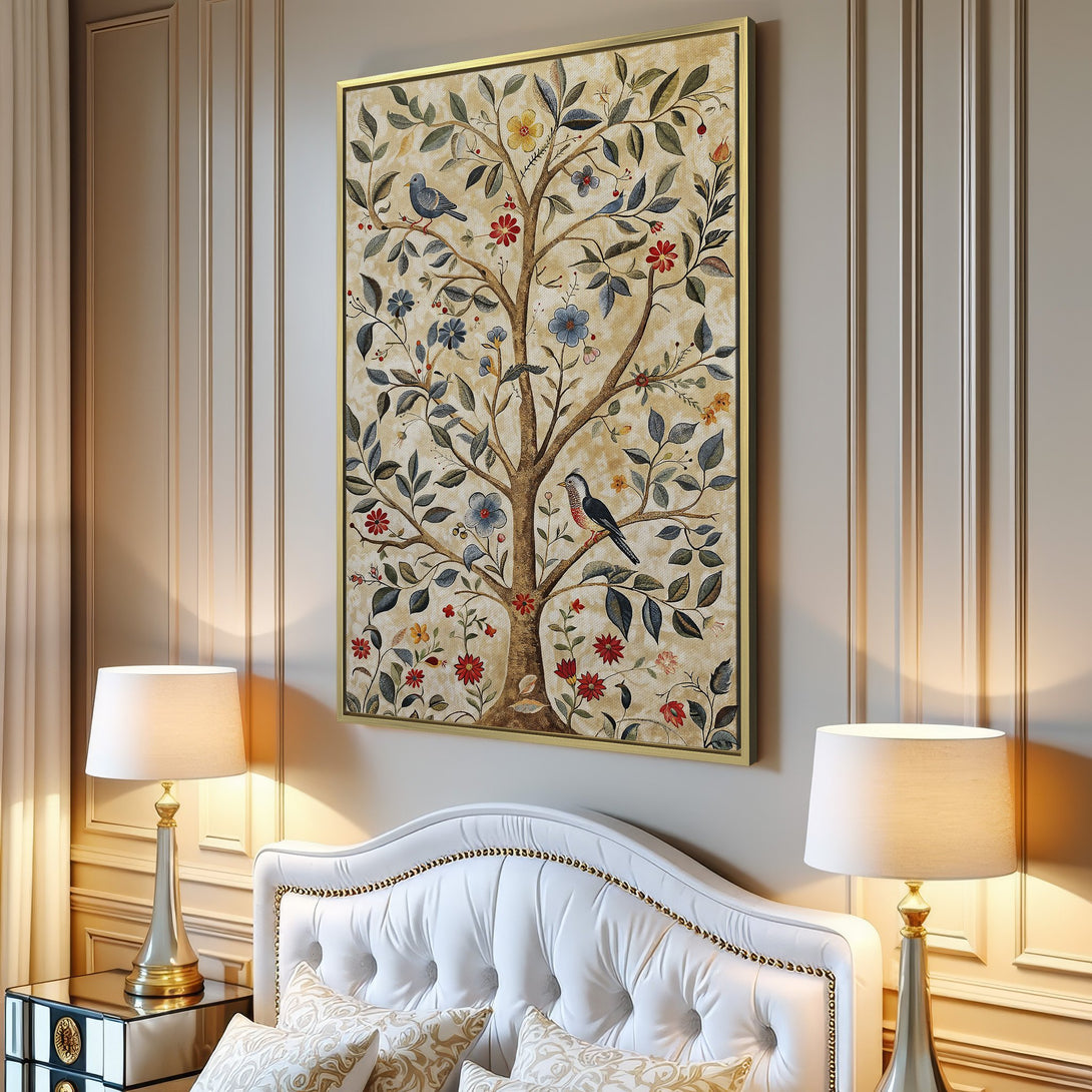 Canvas Print of a whimsical tree with birds and flowers. Features a neutral color palette, perfect for adding a touch of nature to your home.