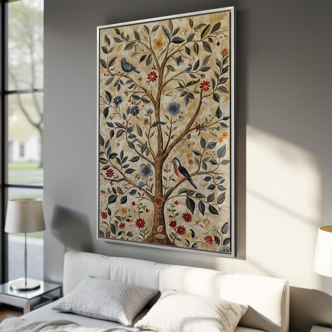 Framed Wall Art featuring a whimsical tree with birds and flowers in a warm, neutral color palette. Perfect for adding a touch of nature to your space.