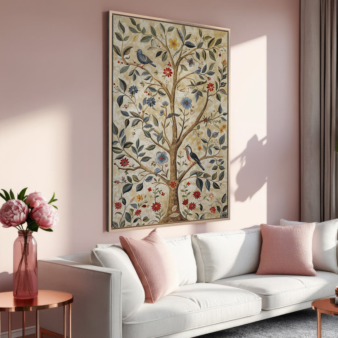 Framed Wall Art featuring a tree with birds, botanical style, soft color palette. Perfect for adding a touch of nature and elegance to your home!