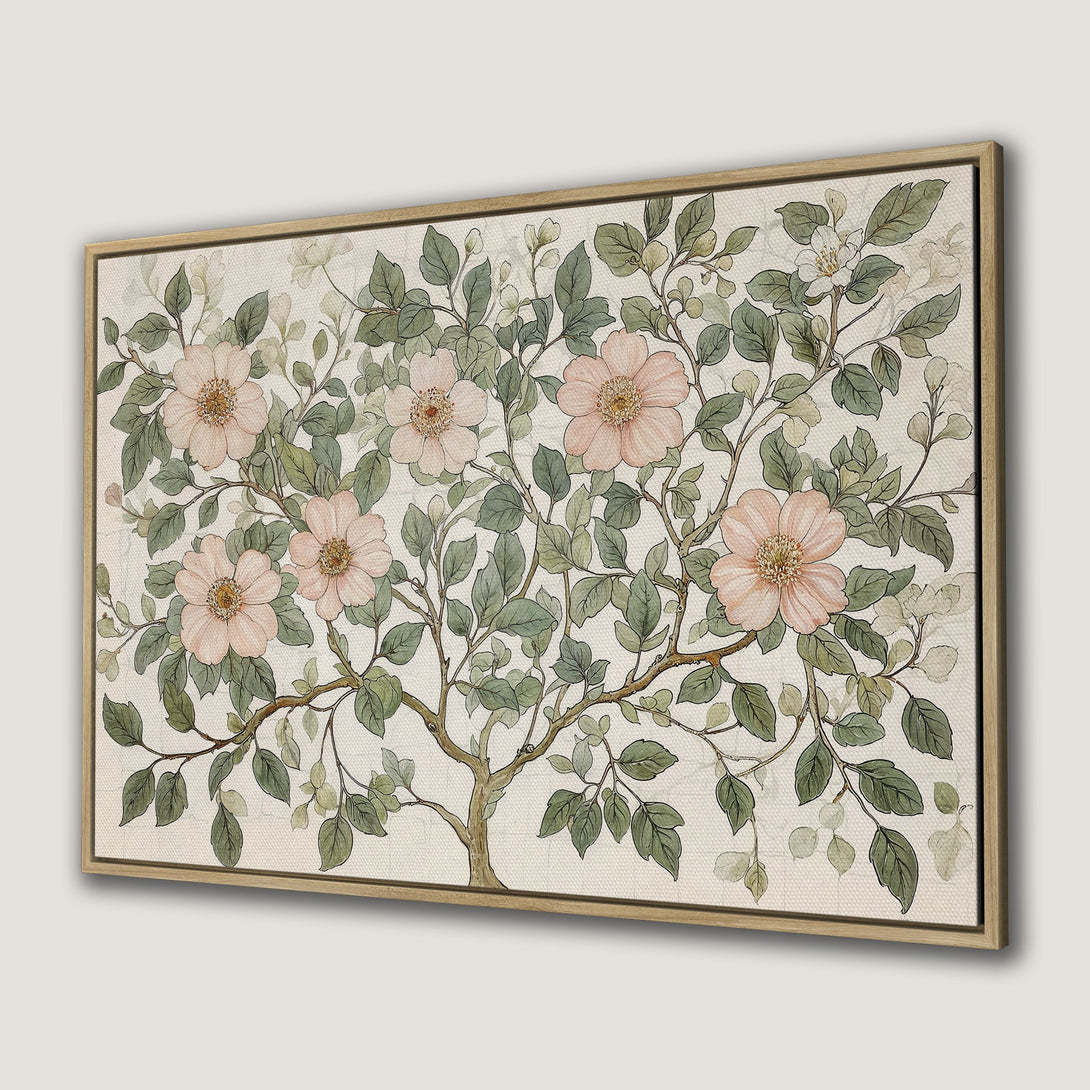 Framed Wall Art featuring a floral botanical illustration. Soft pink flowers and green leaves on a cream background. Perfect for adding a touch of nature.