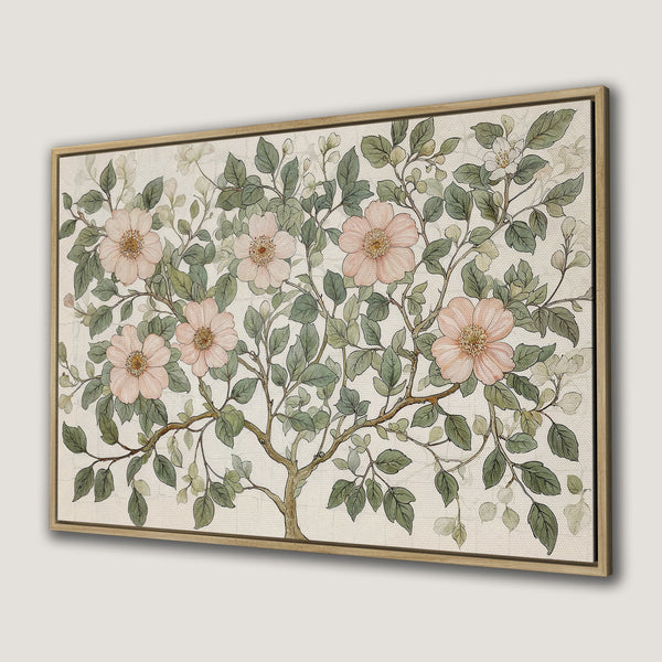 Framed Wall Art featuring a floral botanical illustration. Soft pink flowers and green leaves on a cream background. Perfect for adding a touch of nature.