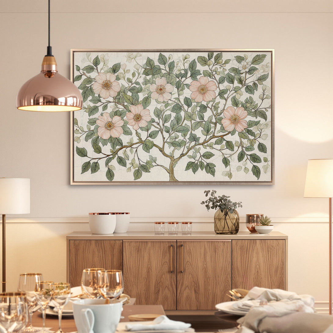 Framed Wall Art: Floral Canvas Print in soft pink and green tones. Perfect for adding a touch of nature and elegance to your dining room.