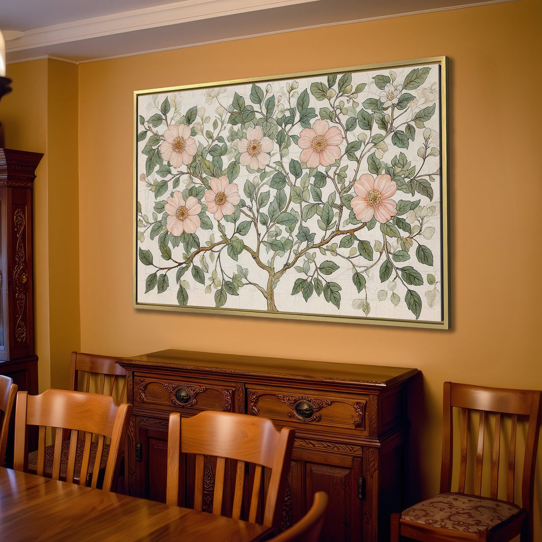 Canvas Print of a floral tree in a neutral interior. Features a vintage style with a soft pink and green color palette.
