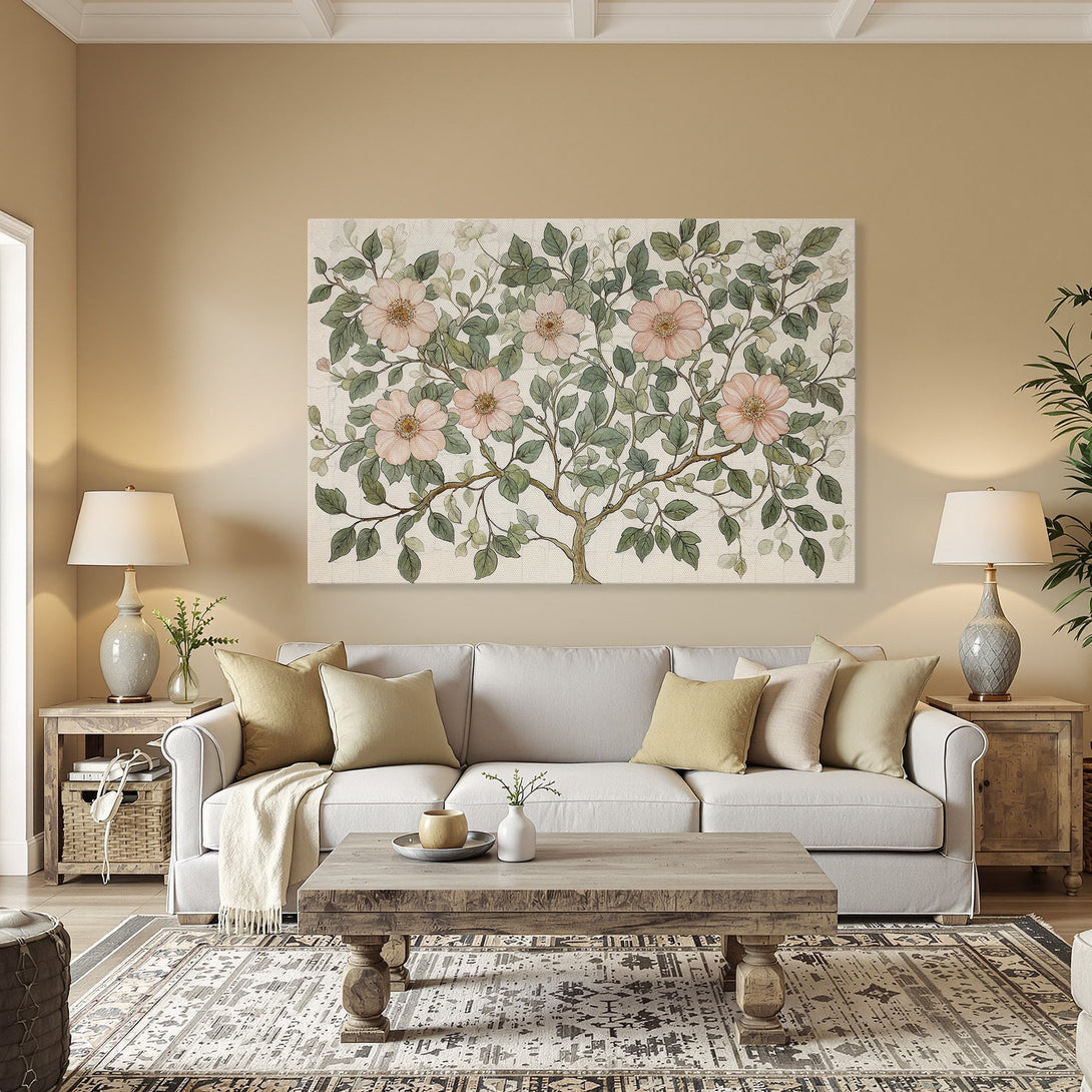 Framed Wall Art: Floral Canvas Print in a dining room. Features a botanical design with pink flowers, green leaves, and a warm color palette.