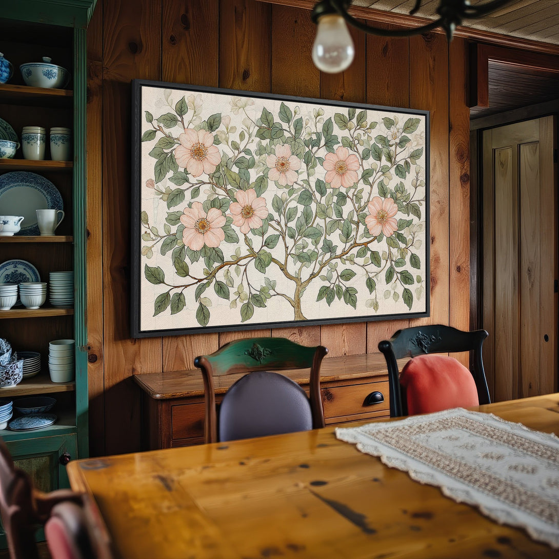 Framed Wall Art: Floral Canvas Print in a rustic interior. Soft pink & green botanical art adds a touch of elegance to any space. Shop now!