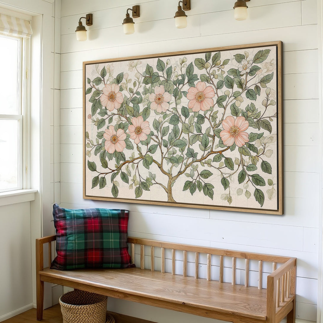Framed Wall Art featuring a floral botanical print in soft pinks and greens, perfect for adding a touch of nature to your home decor.
