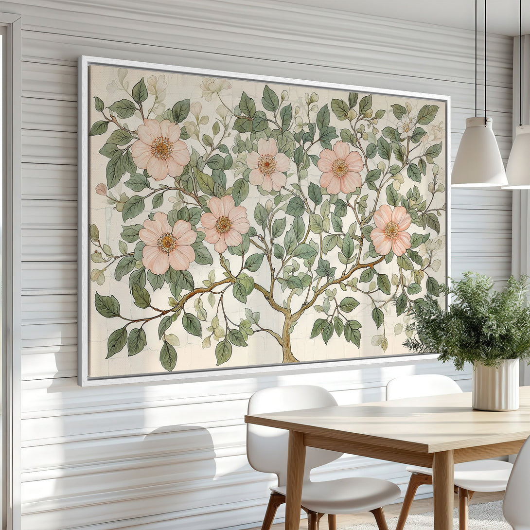 Framed Wall Art: Vintage floral print in soft pink and green hues. Perfect for adding a touch of elegance and nature to your dining room.