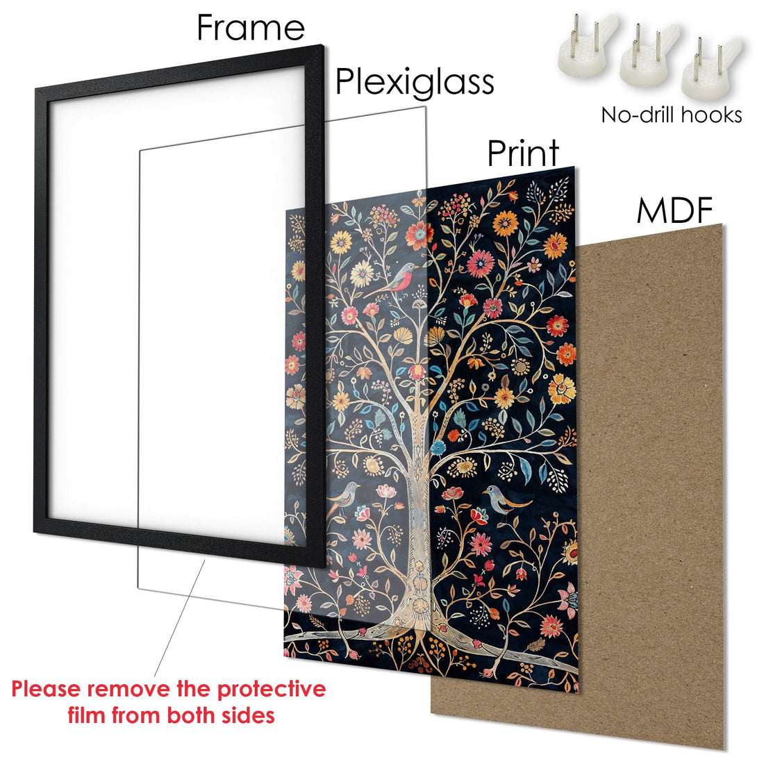 Framed Poster featuring a floral tree design with birds, in a dark blue, orange, and gold color palette. Perfect wall art!