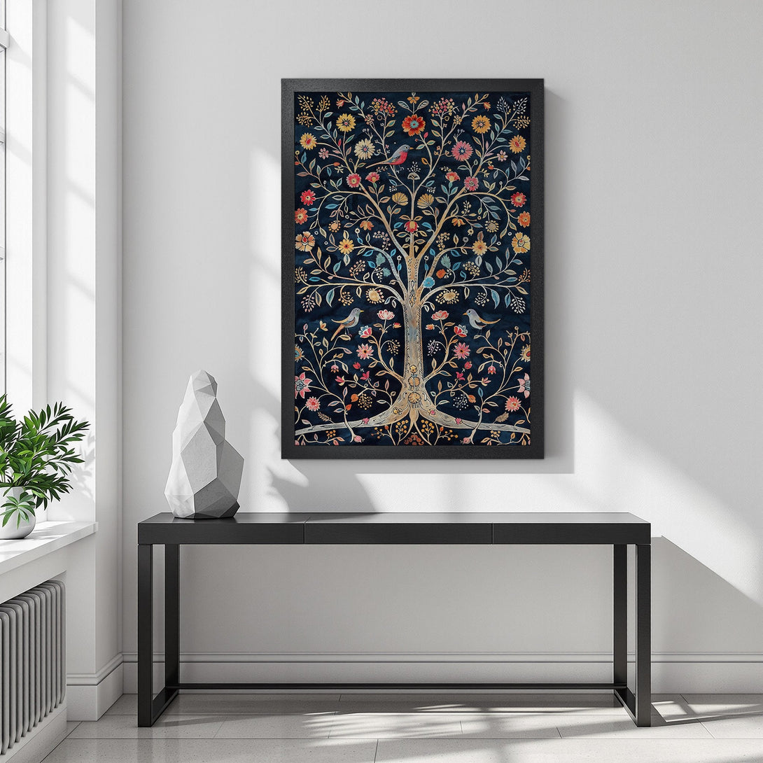Framed Poster of a vibrant tree with birds. Features a floral design in a rich, dark blue color palette. Perfect for adding art to your home!