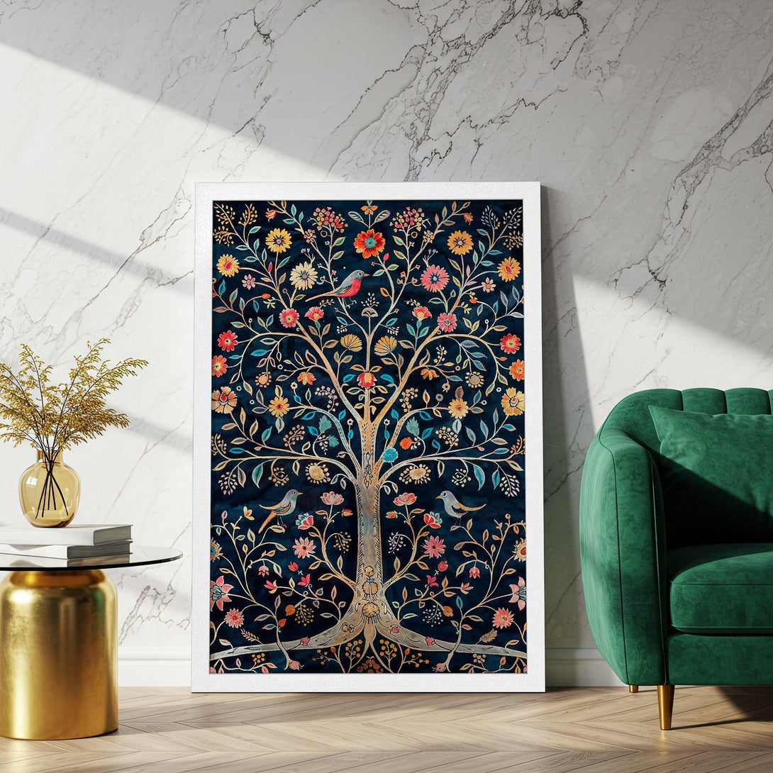 Framed Poster featuring a vibrant floral tree design in a dark teal color palette, perfect for adding a touch of elegance to any space.