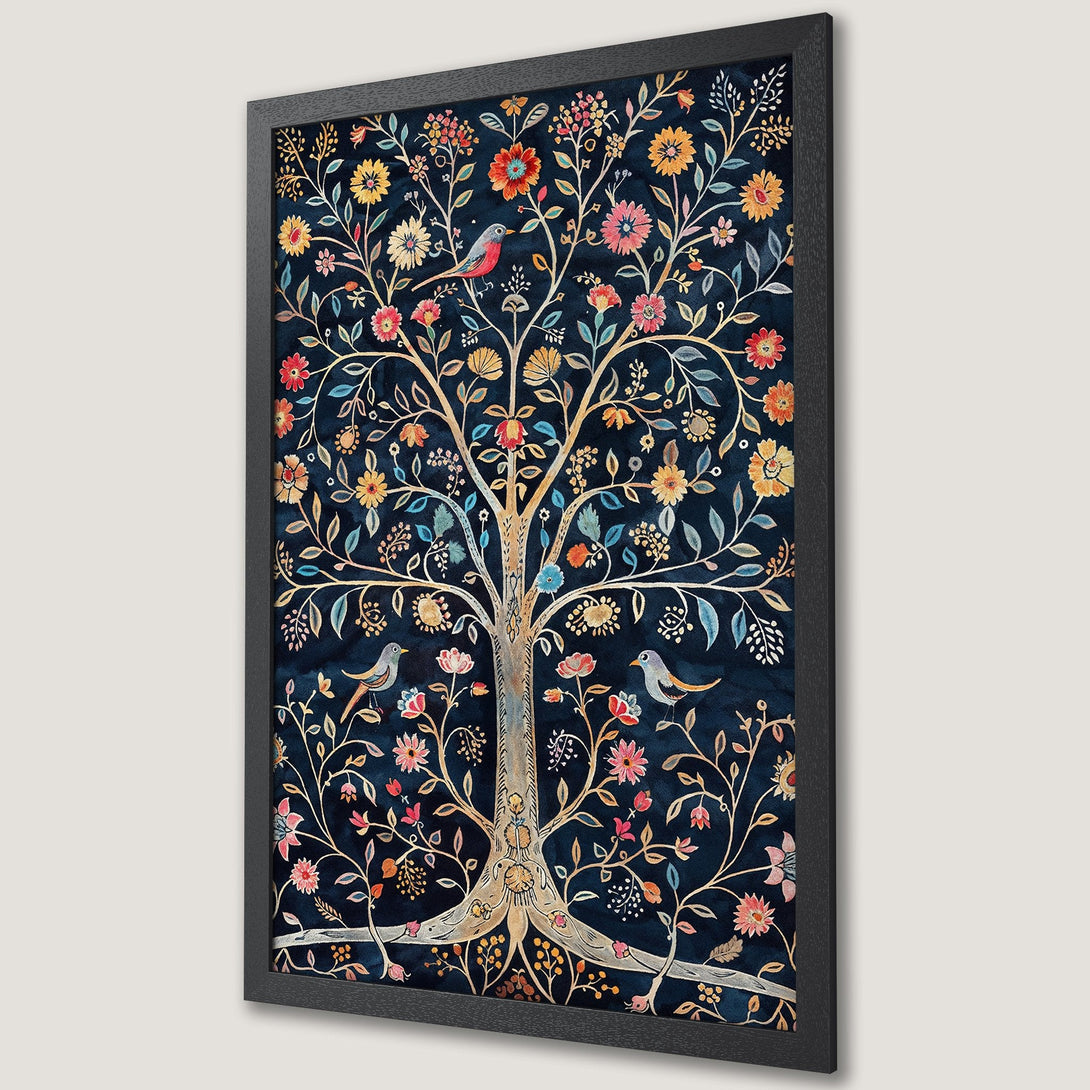 Framed Poster featuring a whimsical tree with birds, in a folk art style with a dark blue and floral color palette.