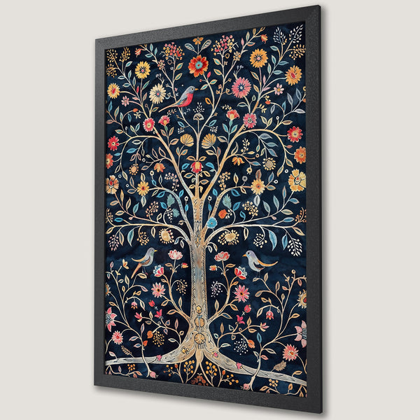 Framed Poster featuring a whimsical tree with birds, in a folk art style with a dark blue and floral color palette.
