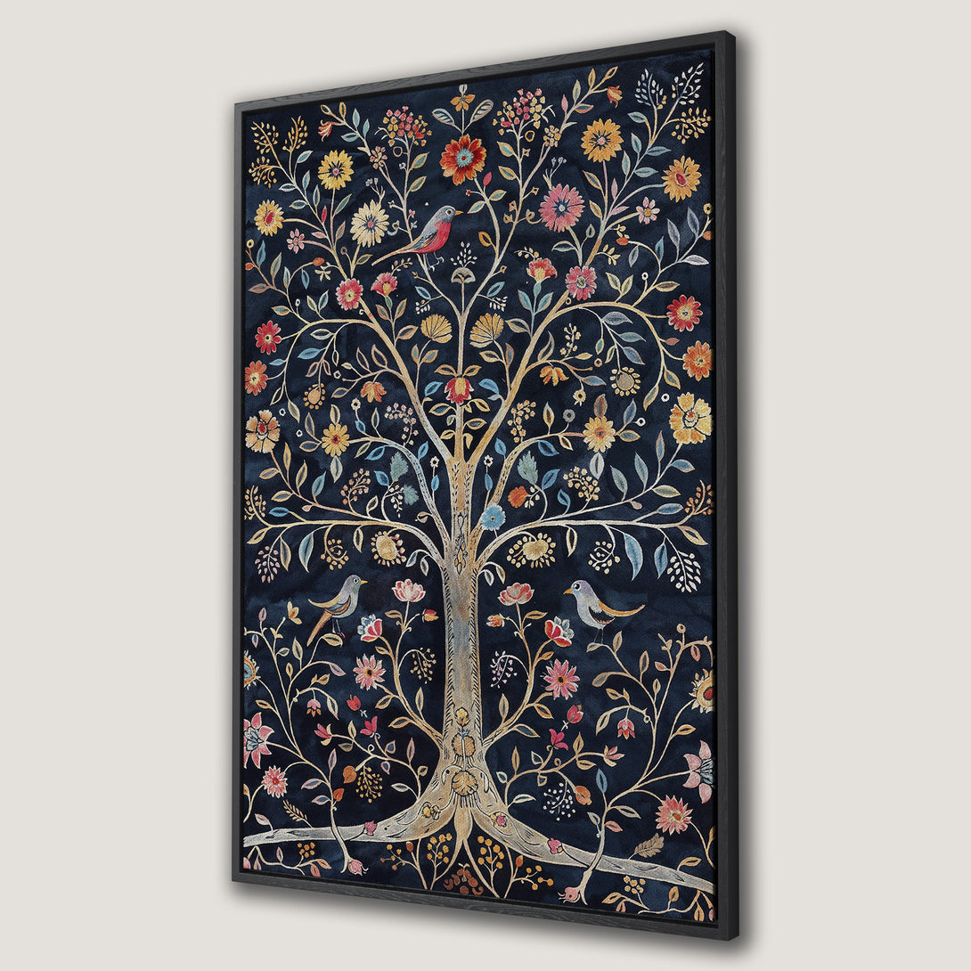 Framed Wall Art featuring a whimsical tree with birds and flowers, in a vintage style with a navy and gold color palette. Add a touch of elegance to your home!