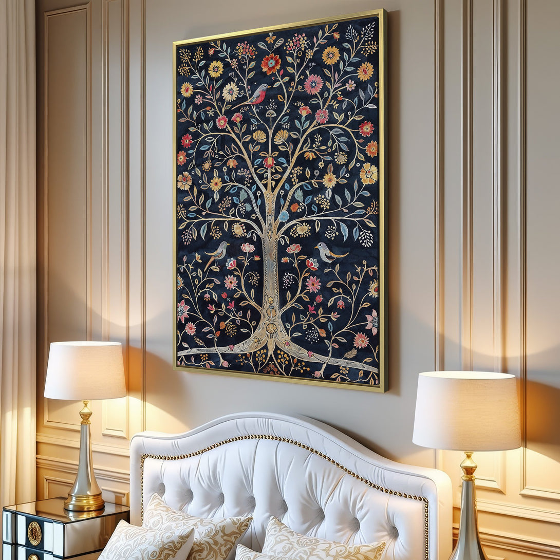 Canvas Print of a whimsical tree with birds and flowers, featuring a rich blue and warm color palette. Perfect for adding a touch of nature to your home!