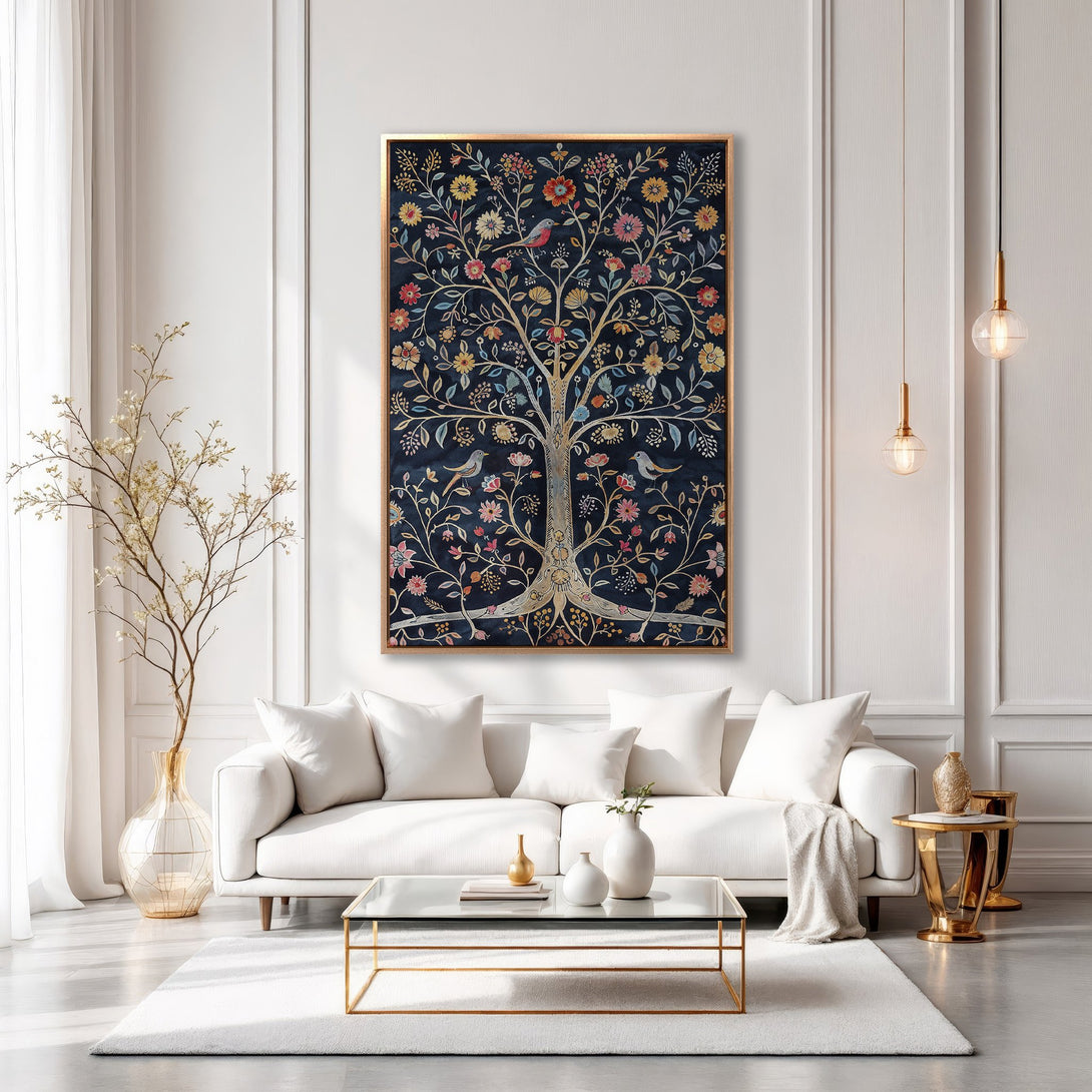 Framed Wall Art: Elegant tree of life design in a navy, gold, and floral palette. Perfect for adding a touch of sophistication to your living room.